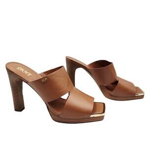 DKNY Jalie Brown & Gold Tone Square Open-Toe Stacked Heel Sandals Women's Sz 11